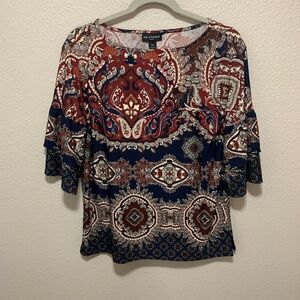 I.N. Studio Women’s Petite Blouse Size MP Maroon/Navy Blue Floral